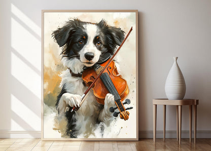 Affiche Chien : Border Collie Jouant du Violon - Poster Amusant
