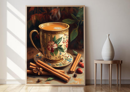 Affiche Chai Indien – Poster Art Floral en Tasse en Laiton