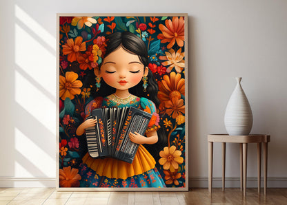 Affiche Musique Salvadorienne – Poster Art avec Accordéon et Costume Floral
