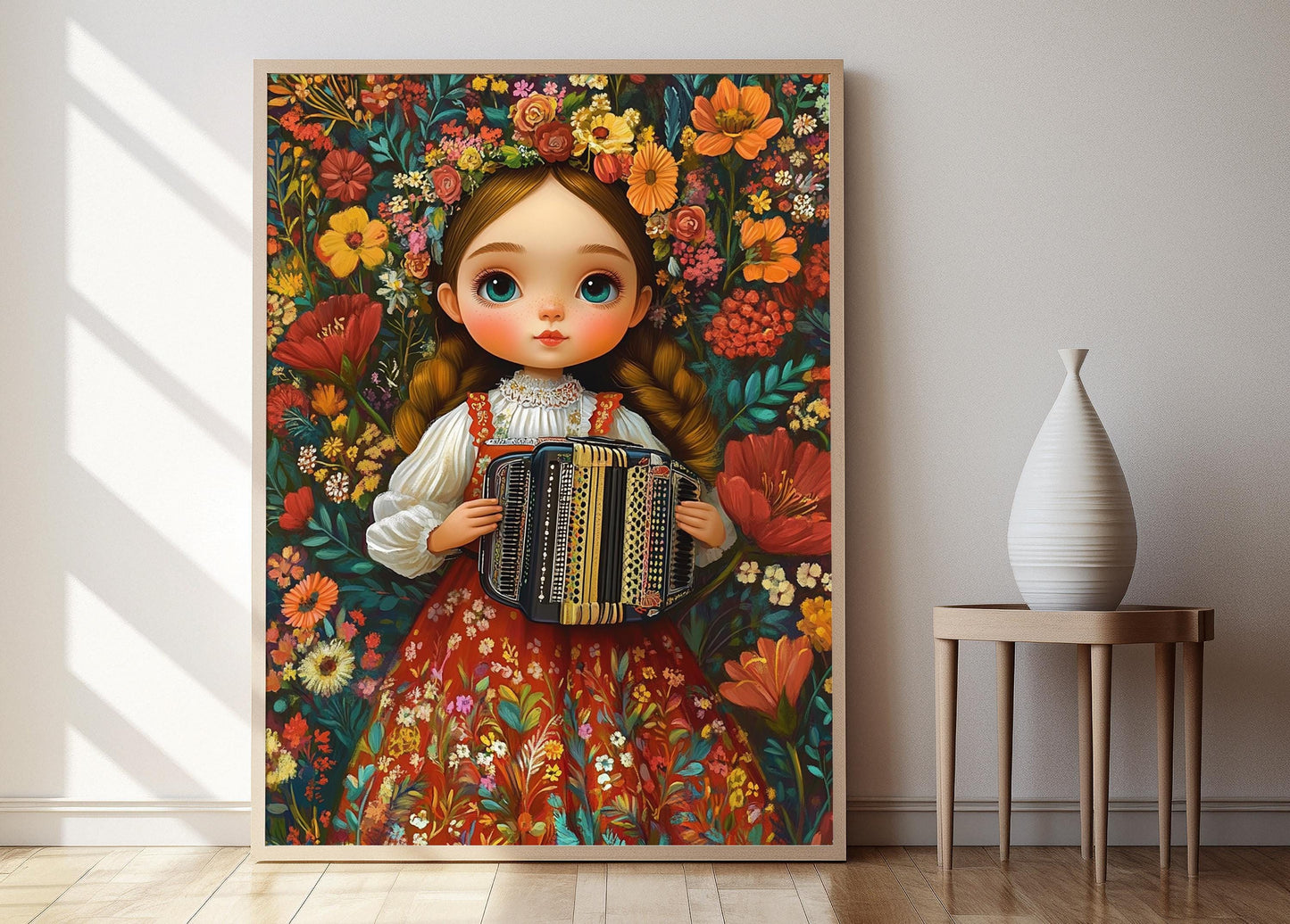 Affiche Fille Hongroise – Poster Art de Poupée avec Accordéon et Broderie Kalocsa