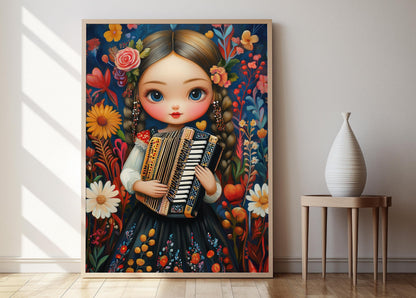Affiche Poupée Roumaine – Poster Art Papillon avec Accordéon
