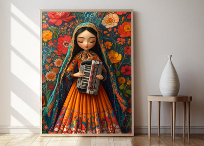 Affiche Fille Kurde avec Accordéon – Poster Art Populaire Traditionnel