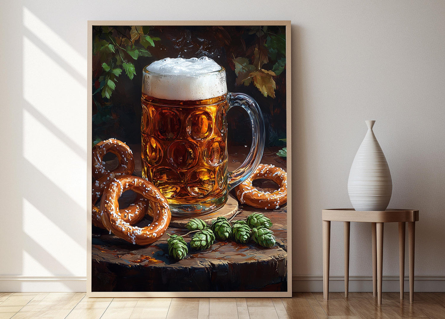Affiche Bière Allemande – Poster Artiste de Bière, Bretzels et Houblon