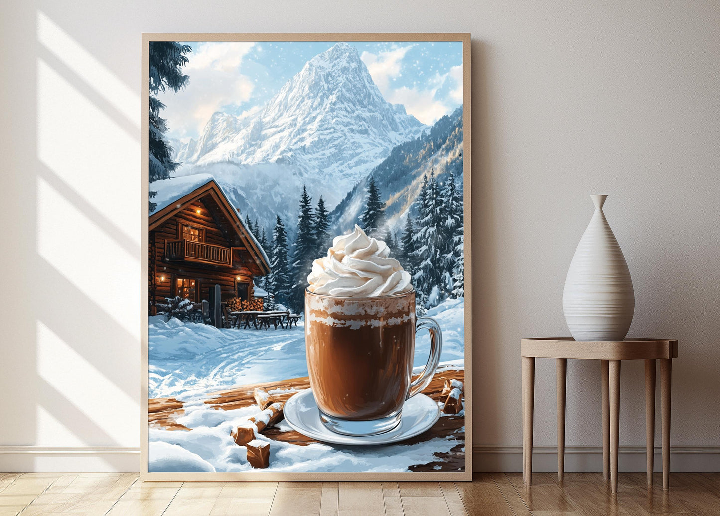 Affiche Chocolat Chaud Suisse – Poster Crème Fouettée et Paysage Alpin