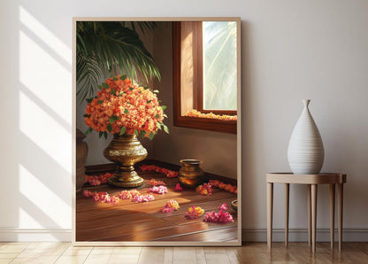 Affiche Art Uruli du Kerala – Poster Décor Floral et Bol en Laiton