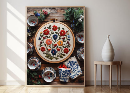 Affiche Broderie Tchèque – Poster Floral dans un Cercle en Bois