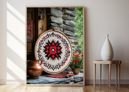 Affiche Broderie Albanaise – Poster Art Traditionnelle en Cerceau Bois