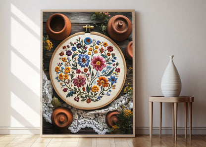 Affiche Broderie Portugaise – Poster Décor en Cerceau en Bois Minho