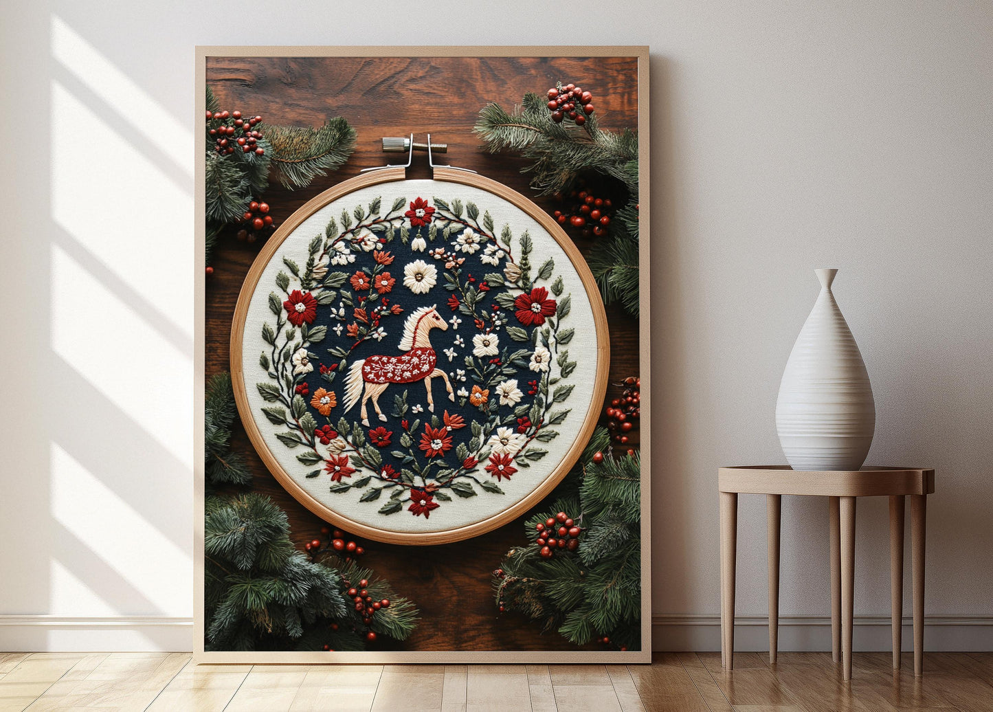 Affiche Cheval Dala Suédois – Poster Art Brodé en Cerceau Bois