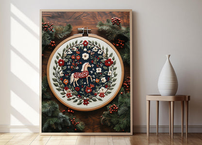 Affiche Cheval Dala Suédois – Poster Art Brodé en Cerceau Bois