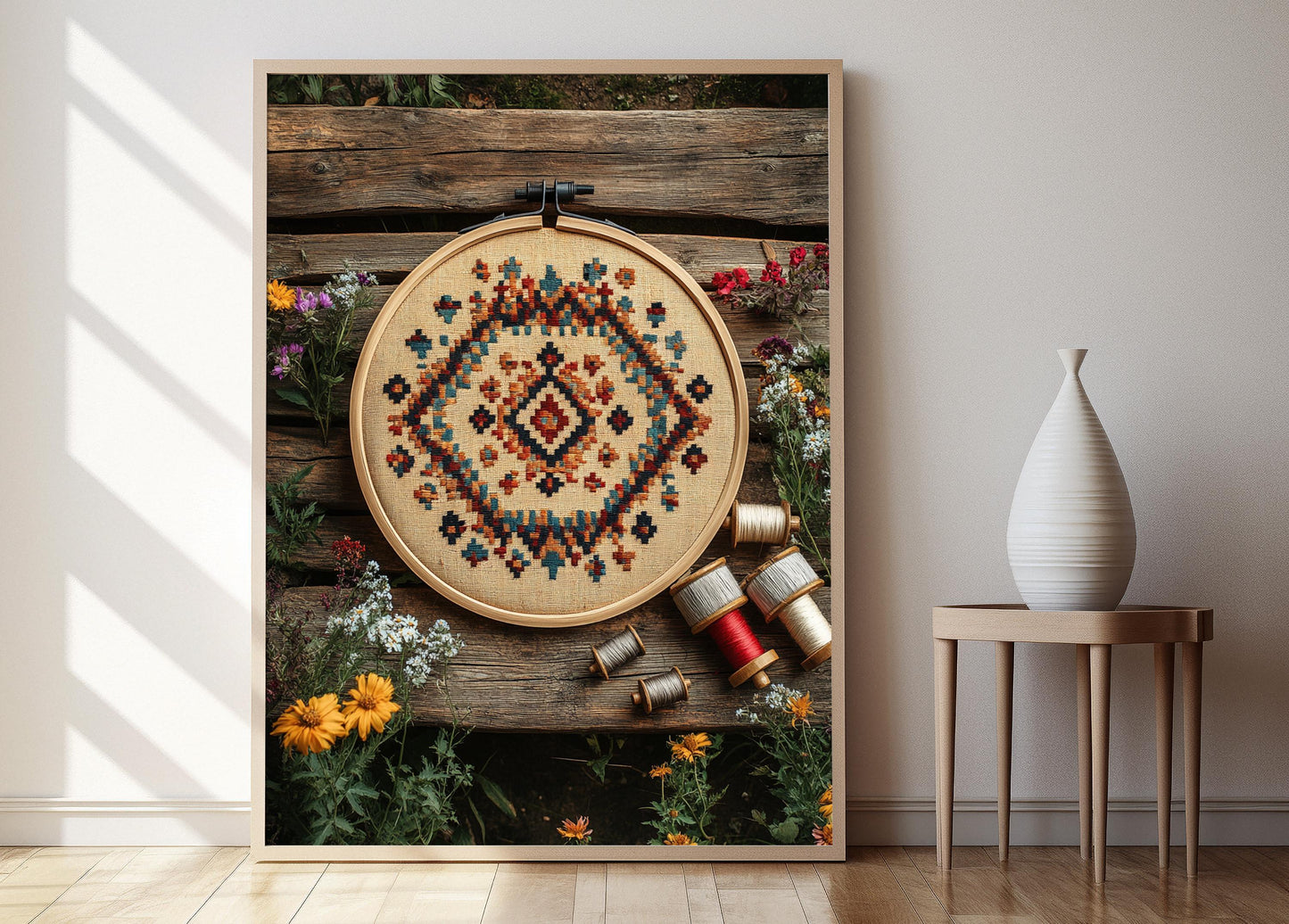 Affiche Broderie Bulgare – Poster en Cerceau en Bois Traditionnel