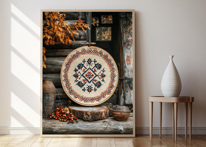 Affiche Broderie Roumaine – Poster Art Décoratif en Cerceau Bois