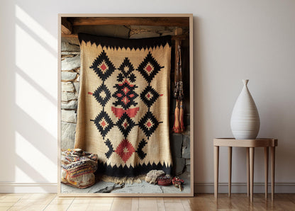 Affiche Tapisserie Pashtoune – Poster Décor Élégant en Broderie Géométrique