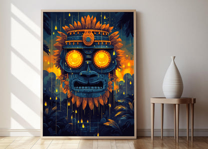 Affiche Tlaloc – Poster Détail du Dieu Aztèque sous un Ciel Étoilé