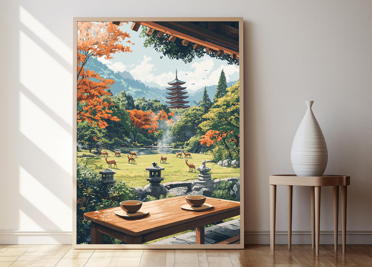 Affiche Nara Terrace avec Cerfs – Poster Décor de Parc Japonais