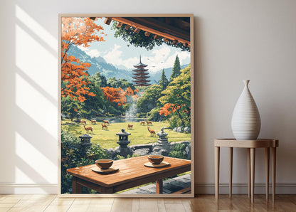 Affiche Nara Terrace avec Cerfs – Poster Décor de Parc Japonais
