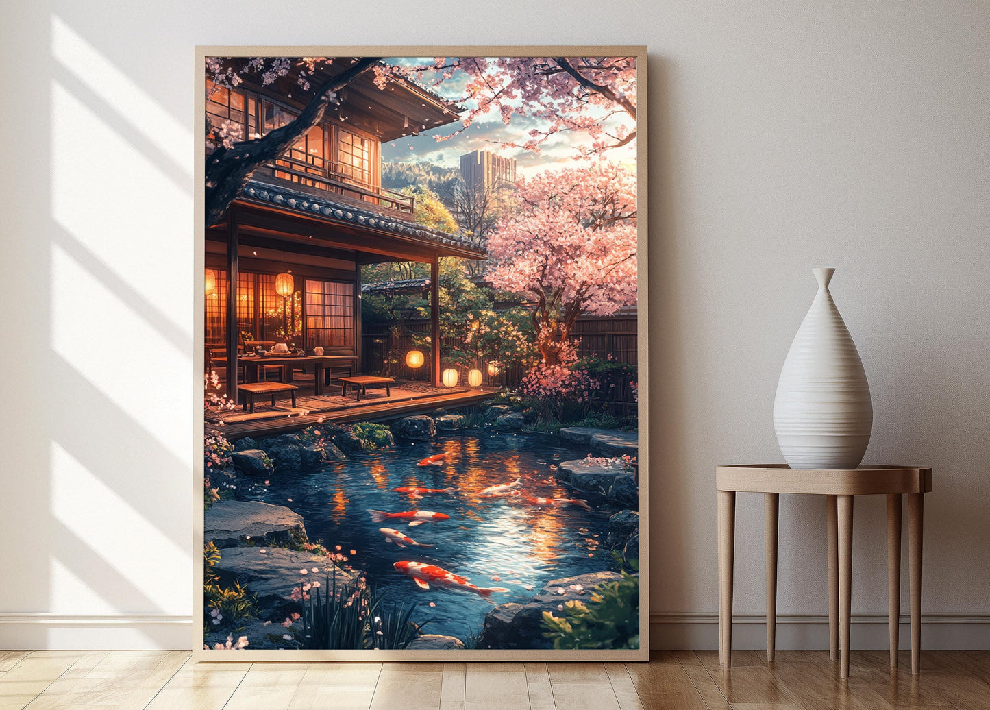 Affiche Kyoto – Poster Art de la Terrasse avec Étang à Koi et Cerisiers