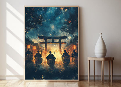 Affiche Tambours Taiko sous un Ciel Étoilé – Poster Musique Traditionnelle Japonaise