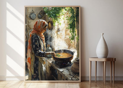 Affiche Cuisine Palestinienne - Femme dans une Cuisine Rustique