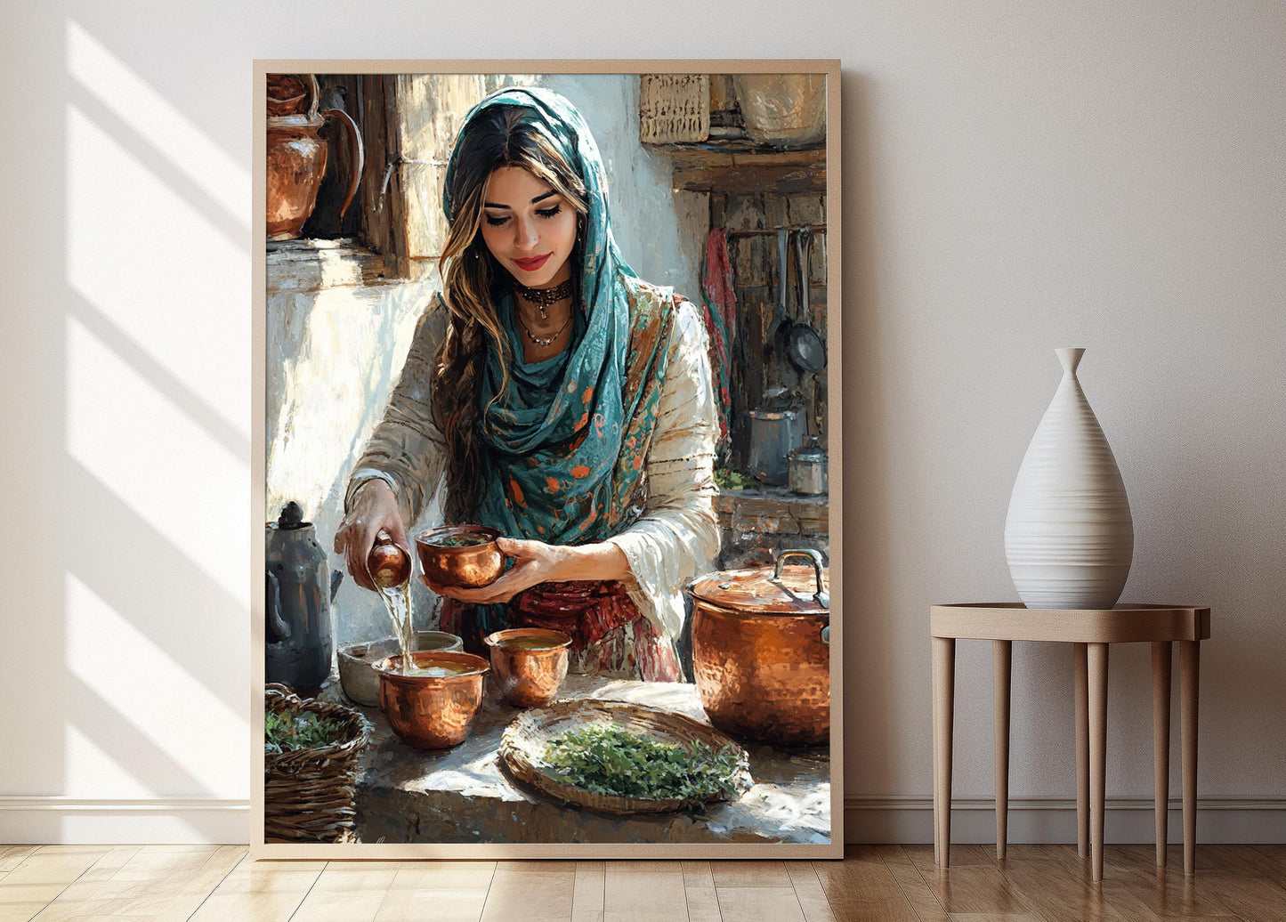 Affiche Art Chai Kurde – Poster Cuisine Rustique avec Pots en Cuivre
