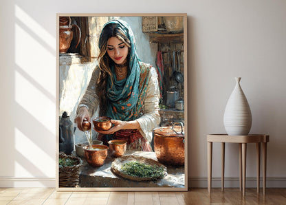 Affiche Art Chai Kurde – Poster Cuisine Rustique avec Pots en Cuivre