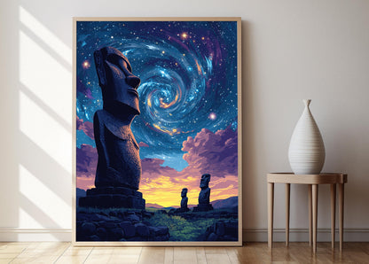Affiche Ciel Étoilé Moai – Poster Culture Rapa Nui de l'île de Pâques