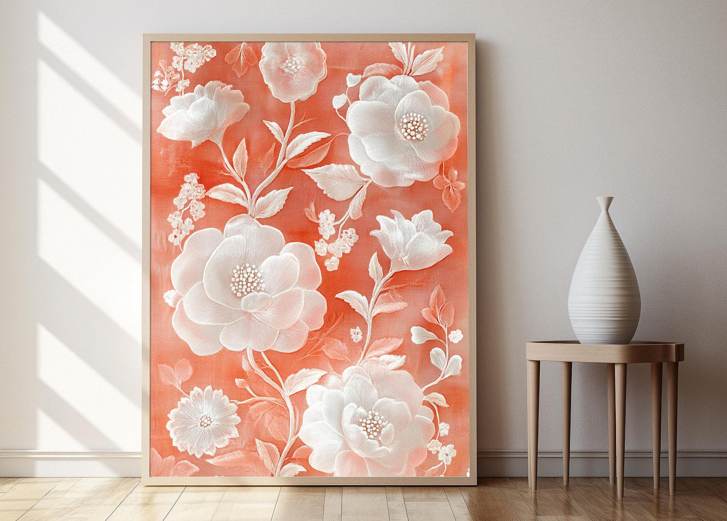 Affiche Art Floral en Soie Chikankari – Décor Murale Écru