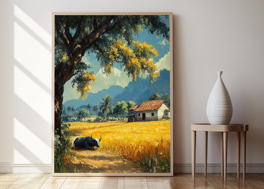 Affiche Champ de Blé et Banyan – Art Print du Village du Punjab