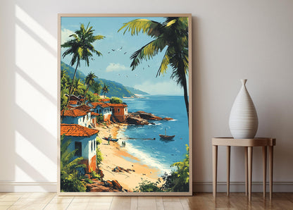Affiche Village Côtier du Maharashtra – Poster Pêcheurs et Maisons Konkan
