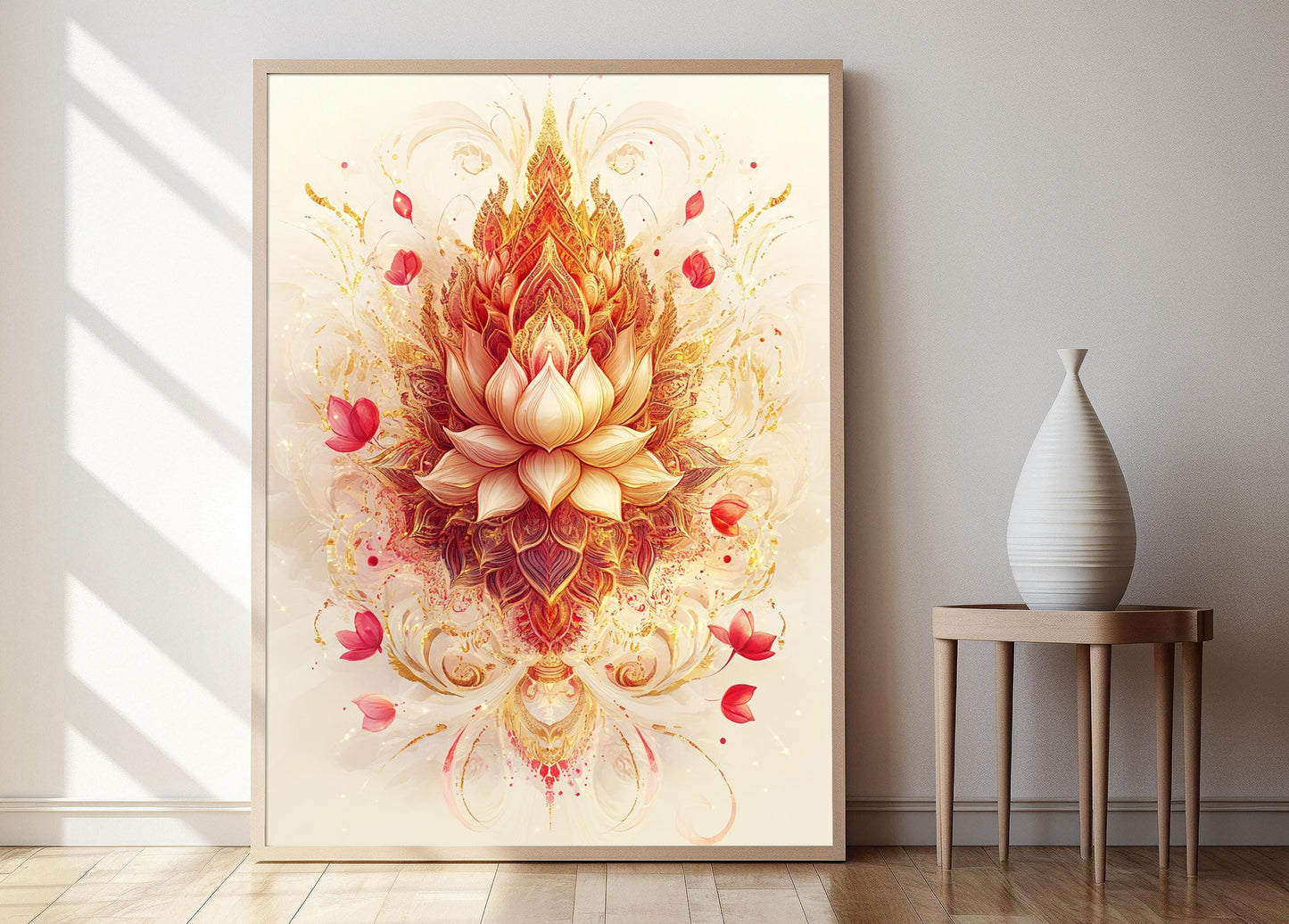 Affiche Fleurie Lanna Thaï – Imprimé Art Traditionnel Rouge & Or