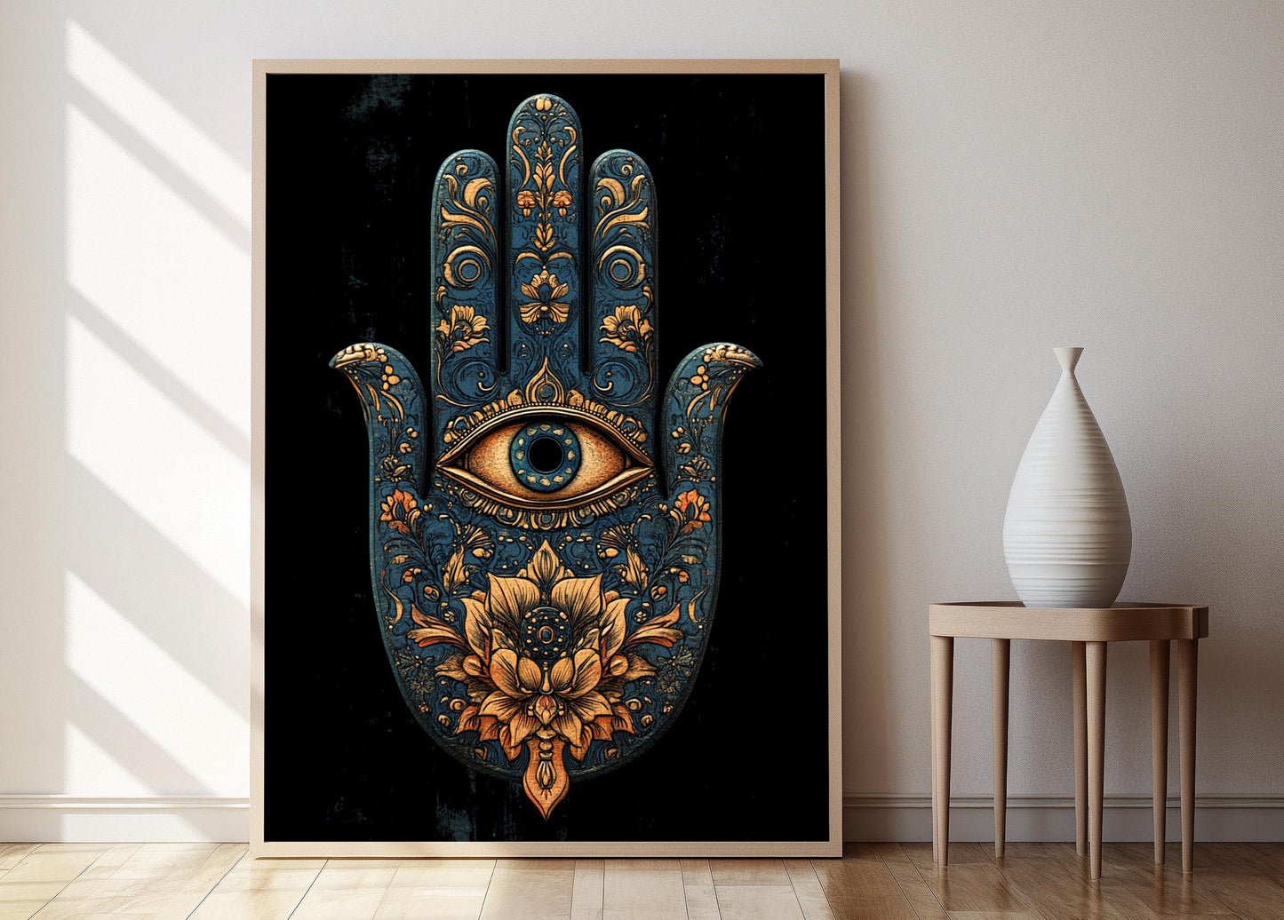 Affiche Mandala Main Hamsa – Art Print Boho Doré & Bleu