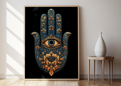 Affiche Mandala Main Hamsa – Art Print Boho Doré & Bleu