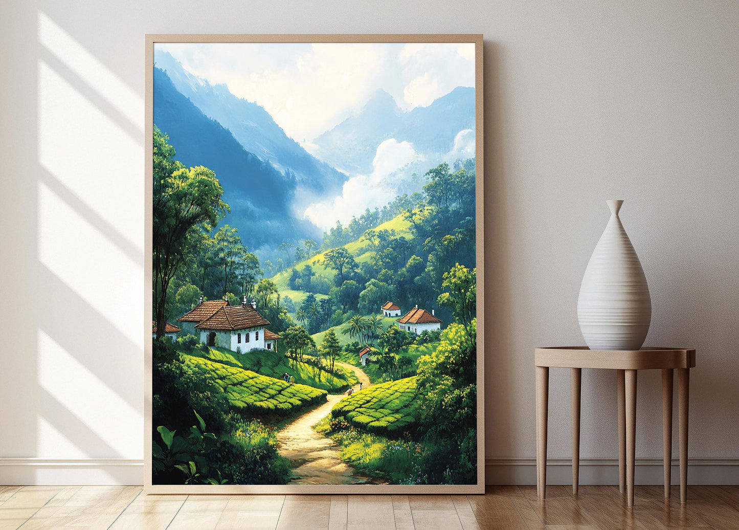 Affiche Nuwara Eliya – Poster Illustré de Thé du Sri Lanka au Matin Brumeux