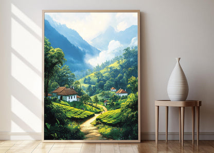 Affiche Nuwara Eliya – Poster Illustré de Thé du Sri Lanka au Matin Brumeux