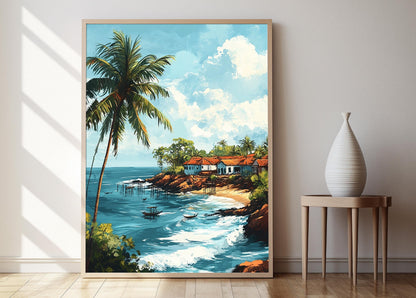 Affiche Galle Village – Poster Illustration des Pêcheurs au Coucher de Soleil