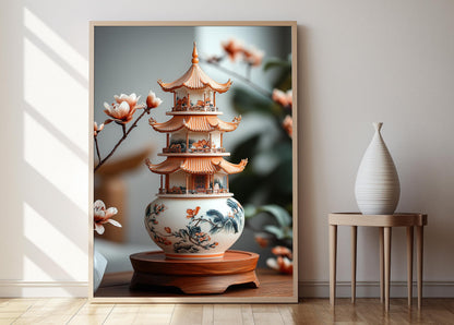 Affiche Pagode en Céramique Vietnamienne – Art Décoratif Peint à la Main
