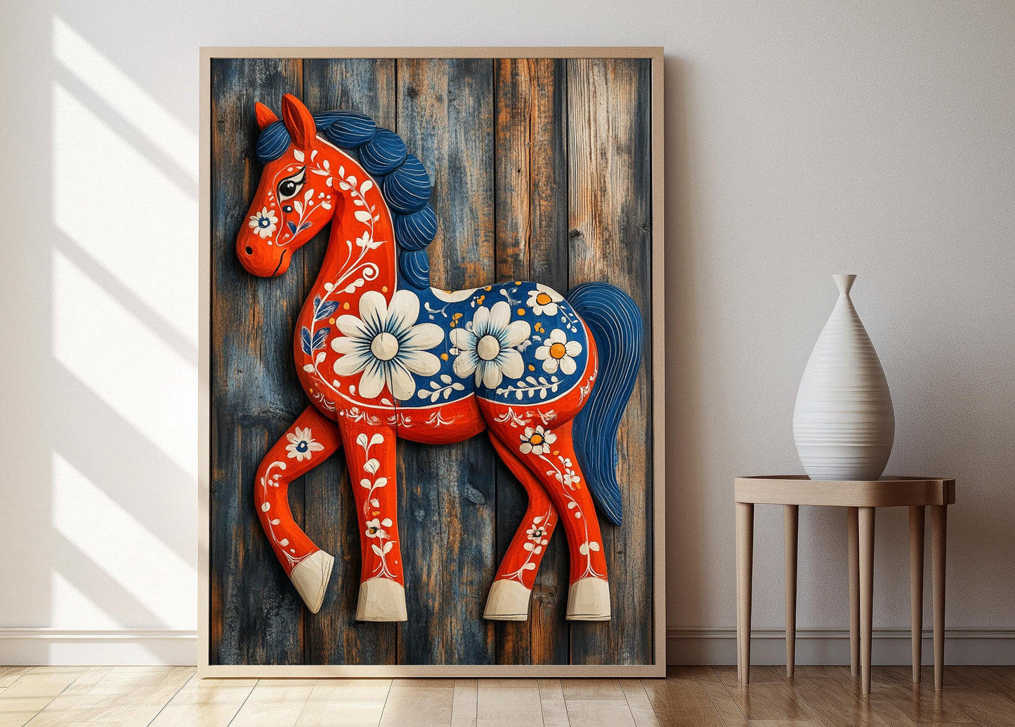 Affiche Cheval Dala Suédois – Poster Art Populaire Scandinave, Décor Floral Éclatant