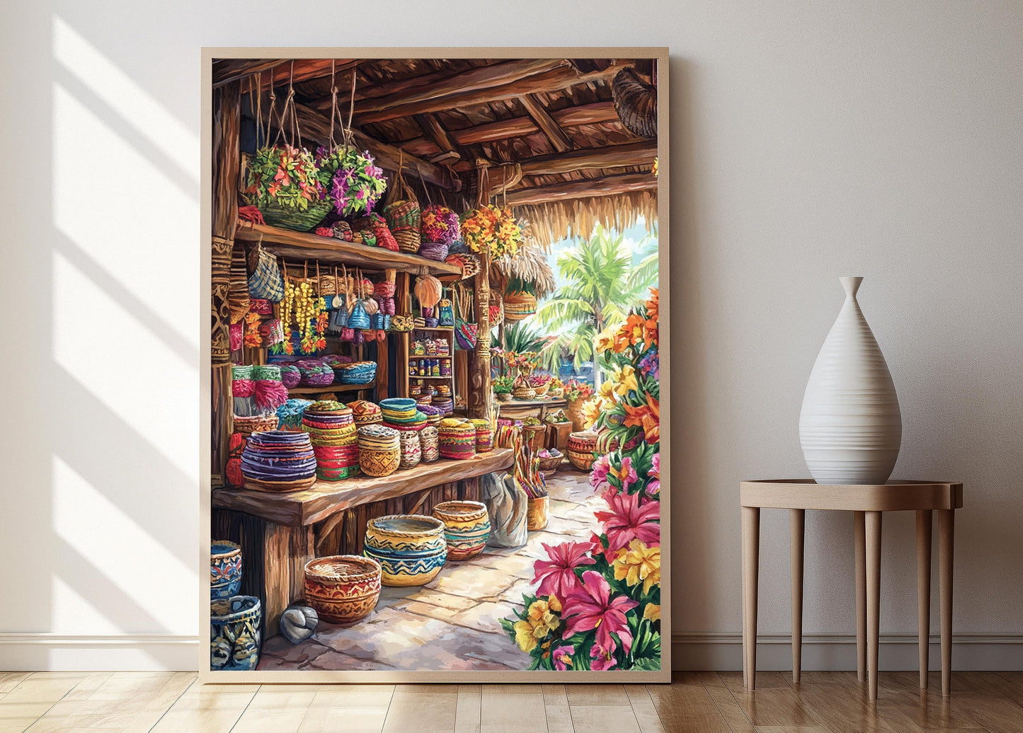 Affiche Polynésienne – Impression Art de Pareo et Bols en Bois