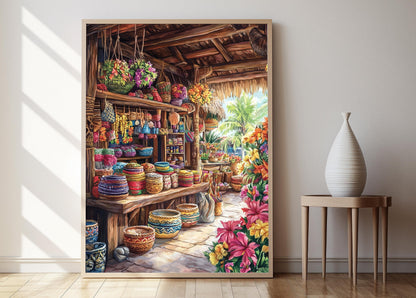 Affiche Polynésienne – Impression Art de Pareo et Bols en Bois