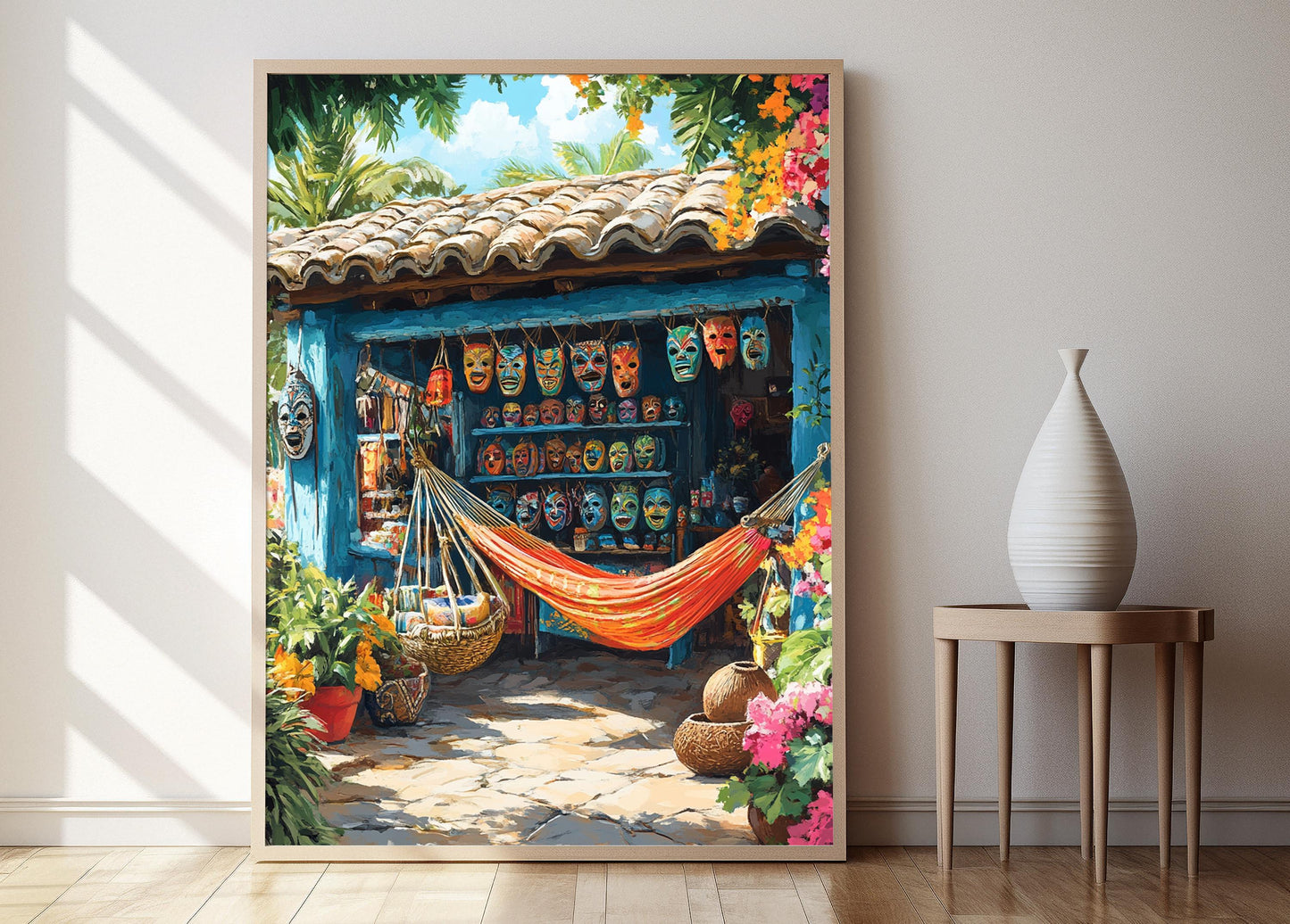Affiche Marché Brésilien – Poster Souvenirs: Hamacs, Masques, Pottery