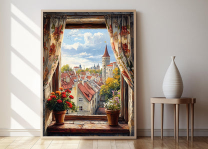 Affiche Tallinn – Poster Vue médiévale avec rideaux brodés