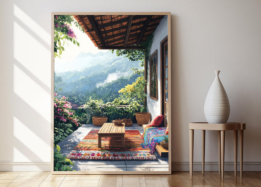 Affiche Bandung – Poster Art de Patio Indonésien avec Panier Sundanais