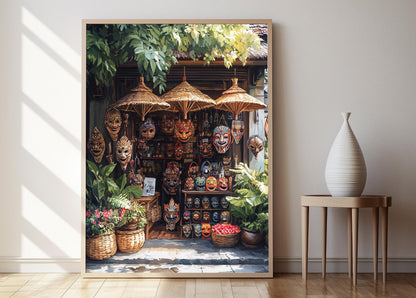 Affiche Souvenir Balinais – Poster Masque en Bois et Illustration Batik