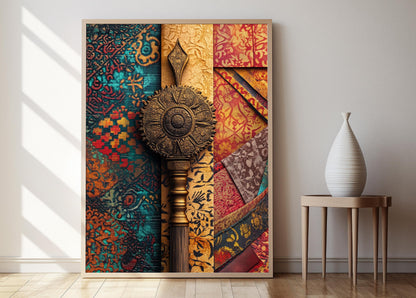 Affiche Artisanat Textile – Poster Art Indonésien en Bois et Laiton