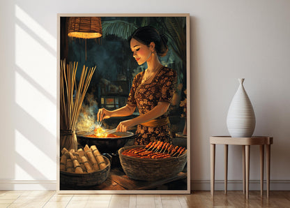 Affiche Femme Indonésienne Cuisinant Satay – Illustration Cuisine Traditionnelle