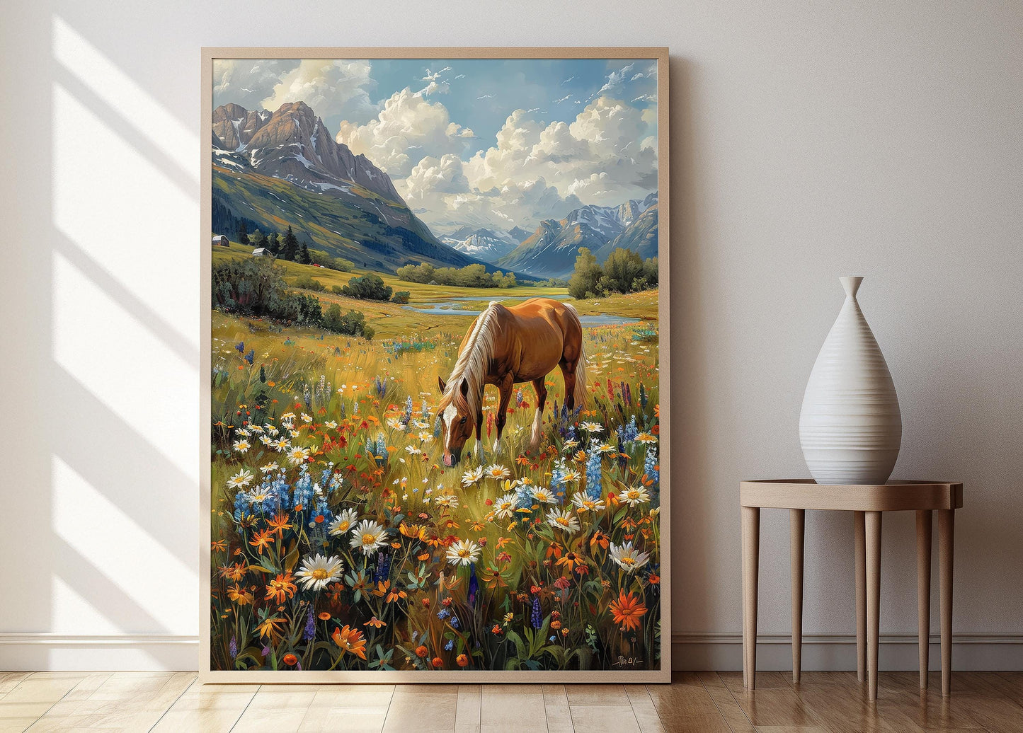 Affiche Cheval Islandais – Poster Art Nordique, Prairie et Fleurs Sauvages