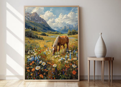 Affiche Cheval Islandais – Poster Art Nordique, Prairie et Fleurs Sauvages