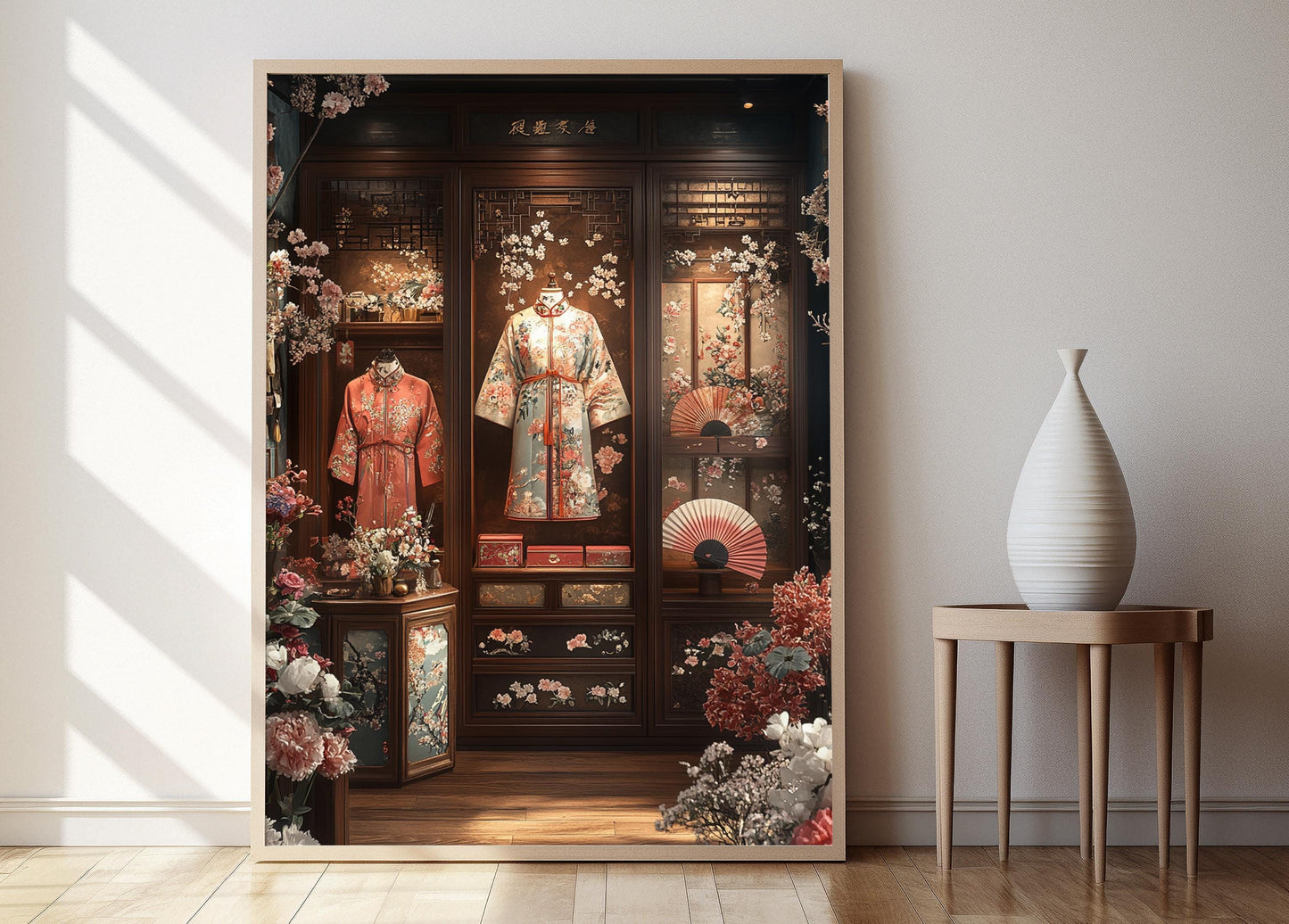 Affiche Décor Chinoise – Illustration de Robe Brodée et Éventail
