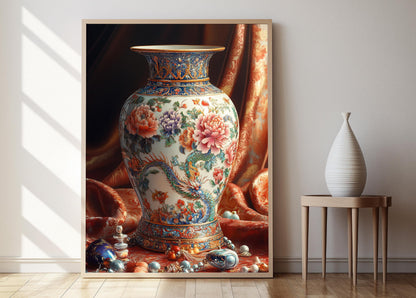 Affiche Vase Cloisonné Chinois – Poster Floral et Dragon Élégant
