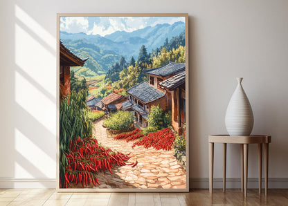 Affiche Sichuan Village – Décor Bamboo Grove, Illustration Paysage Chinois